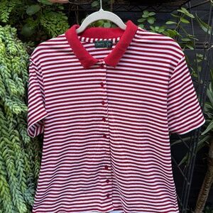 Red & White Striped Button-Down Polo Top